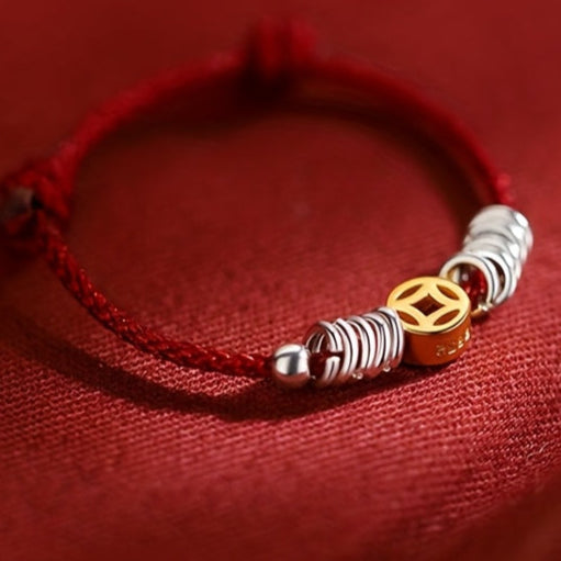 New Chinese Style S925 Silvery Handwoven Red Cord Bracelet - Money Copper Coin Design for Elegant National Style Ins Niche Design with Wealth Energy