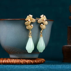 Gold-plated Ginkgo Leaf Dangle Earrings with Pearl & Imitation Jade - Harmony & Prosperity Energy for Daily Wear