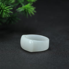 Elegant Men's Natural Stone Ring - Noble White Sheep Fat Ring with Green Accents for Energy Balance