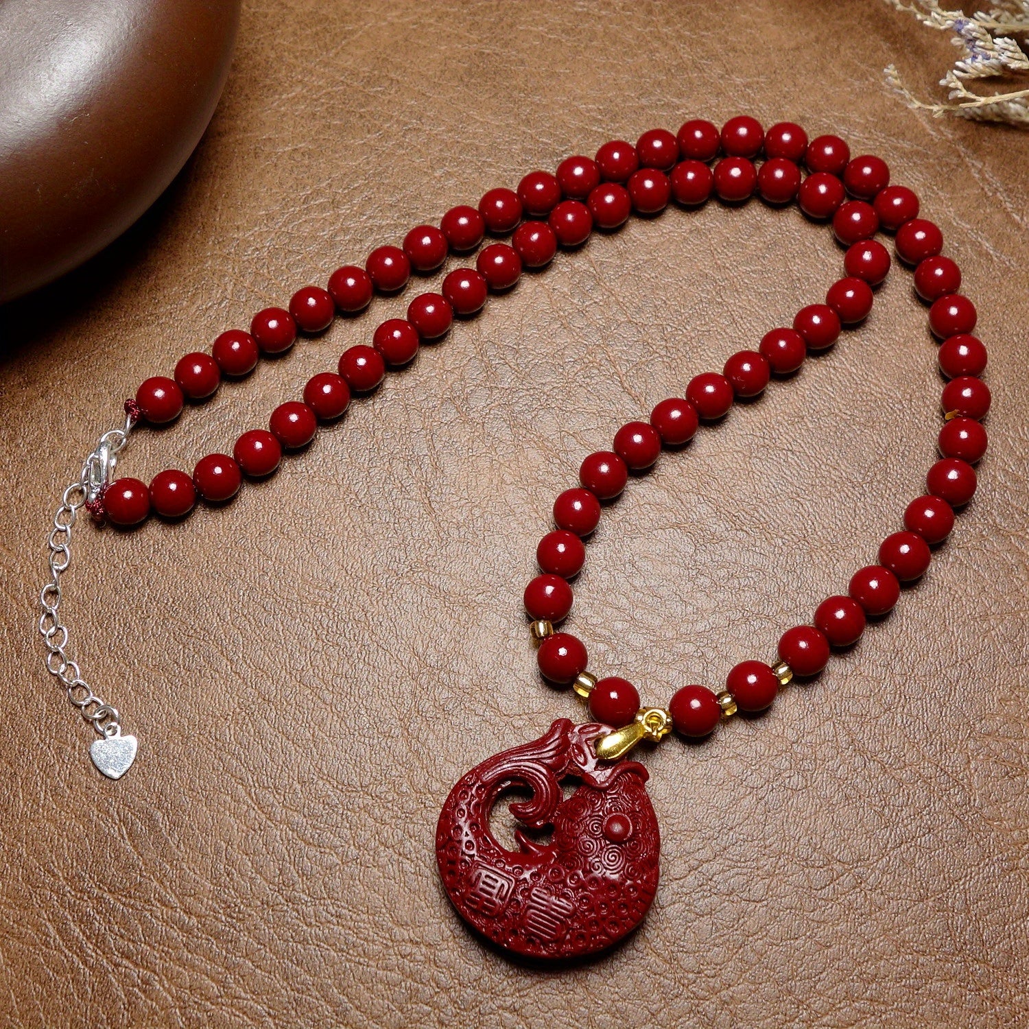 Cinnabar Water Drop Flower Tree Leaf Spirit Fish Pendant Necklace – Vintage Classic Ethnic Style for Everyday & Vacation