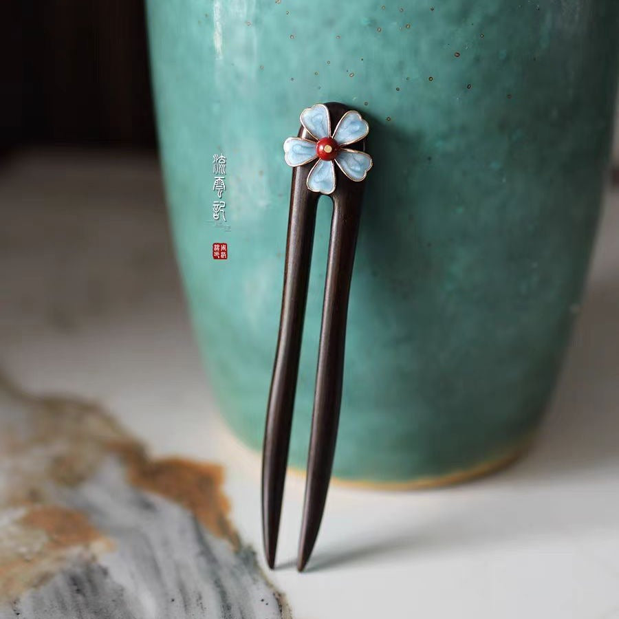 Morning Flower Ebony Hairpin - Solid Wood Design with Blue Lotus for Mind-Body-Spirit Balance