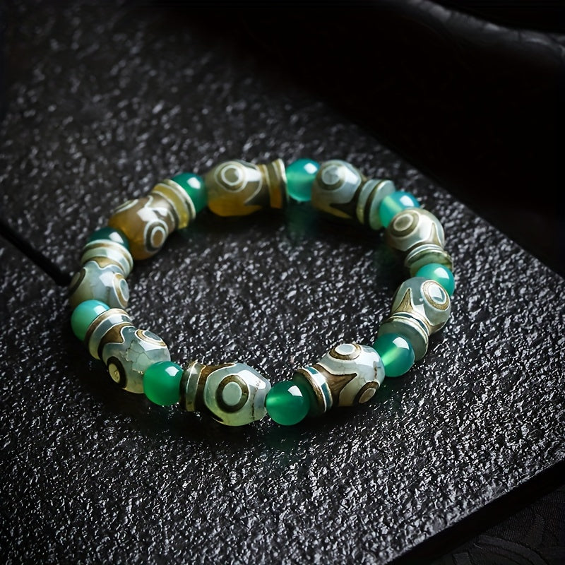 Green Agate Three-Eyed Dzi Amulet Bracelet – Prosperity, Protection & Spiritual Harmony