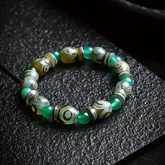 Green Agate Three-Eyed Dzi Amulet Bracelet – Prosperity, Protection & Spiritual Harmony