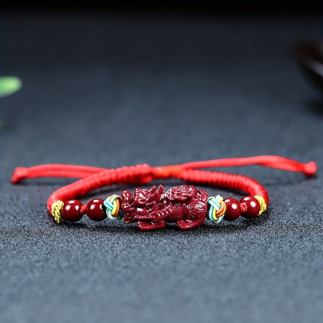 Men's Classic Cinnabar Pixiu Wealth Bracelet - Emperor Sand Ruyi Red Cord for Energy Healing
