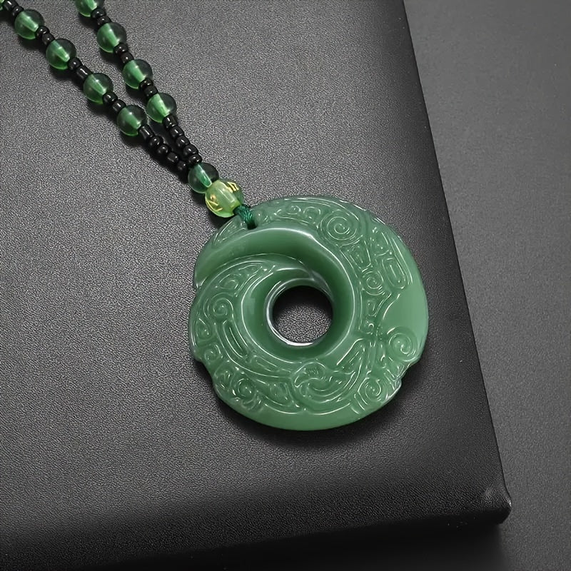 Elegant Green Crescent Moon Pendant Necklace - Unisex Amulet for Prosperity & Protection