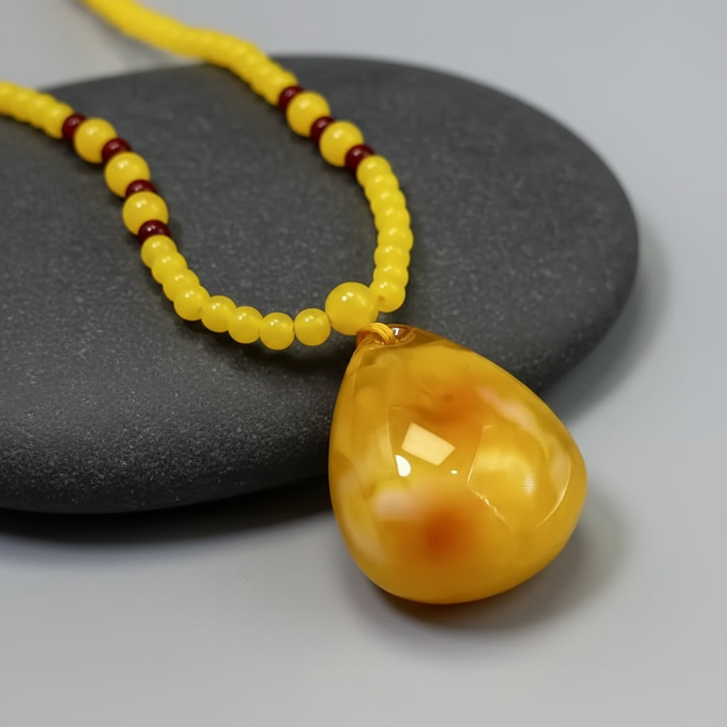 Bohemian Yellow Amber Pendant Necklace - Natural Teardrop Bead for Grounding & Joy