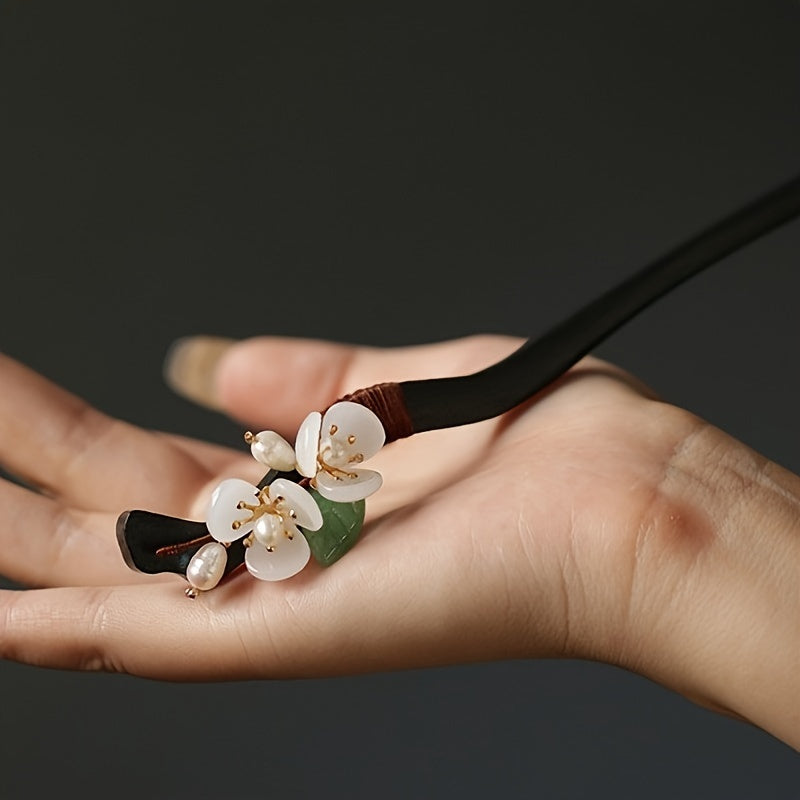 Vintage Floral Hairpin with Black & Red Flower Design - Elegant Hair Clip for Braids, Buns, Ponytails with Natural Energy Flow