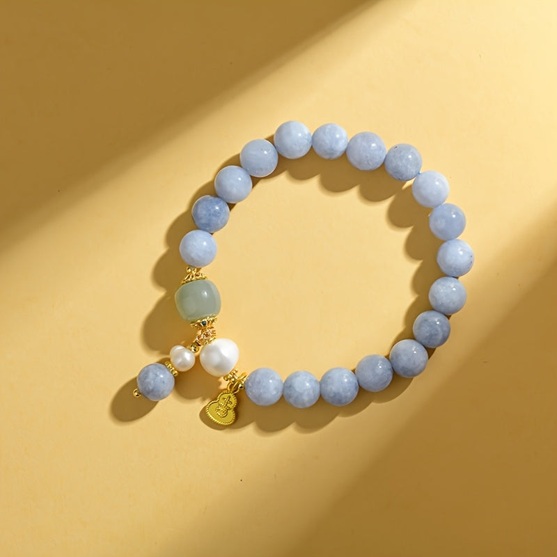 Natural Stone Bead Bracelet with Barrel Beads Blue Jade Energy Bead Bracelet with Gourd Charm – Harmonizing Calm & Prosperity