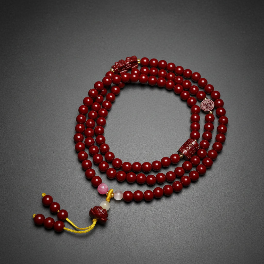 Cinnabar Stone Multi-Layer Bracelet with Lotus Charm Pendant Traditional Chinese Jewelry