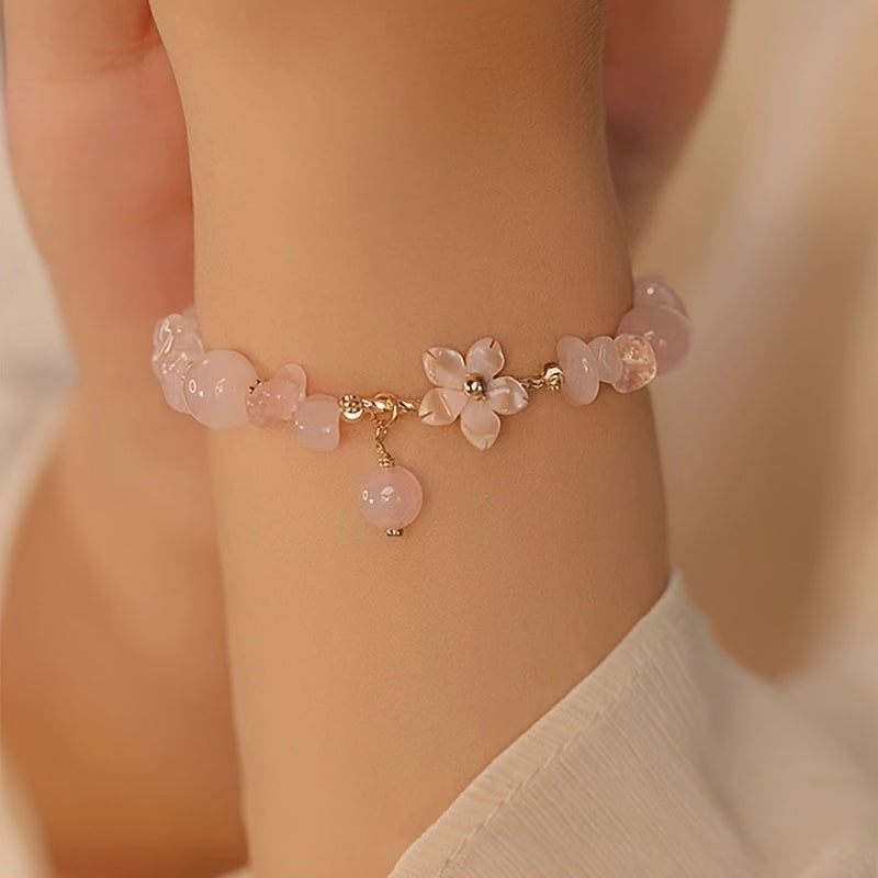 Pink Sakura Flower Charm Bracelet — Romantic Energy & Heart Chakra Harmony Jewelry