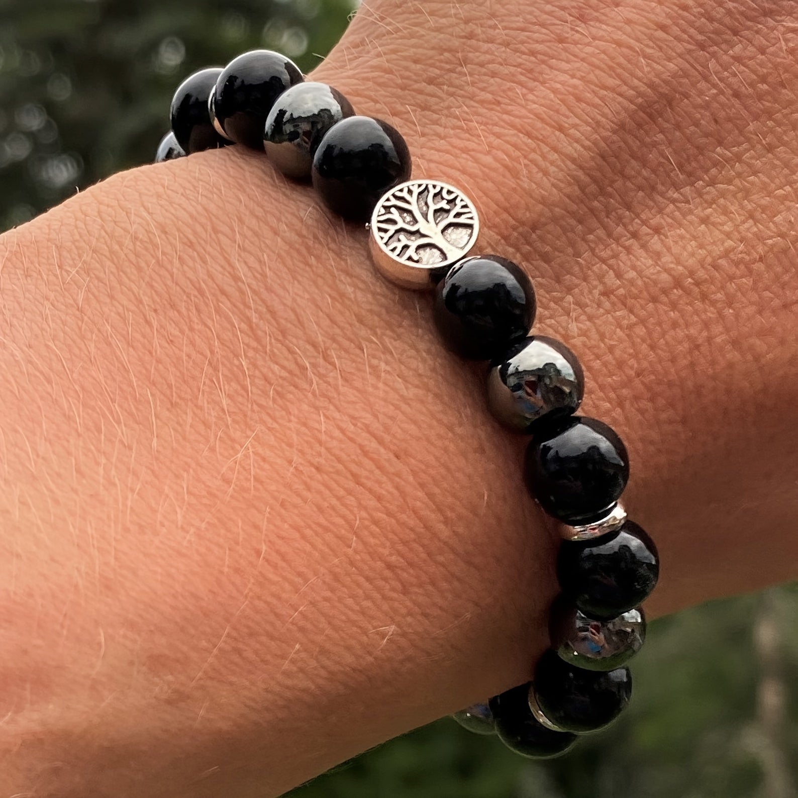 Men's & Women's Fashion Bracelet - Natural Stone Obsidian & Hematite with Tree Pendant for Energy Balance