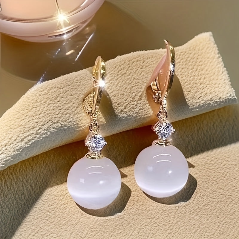 Elegant Vintage Cat's Eye Stone Drop Earrings: Golden-Tone Hoop for Daily Wear & Spiritual Harmony