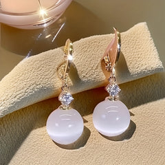 Elegant Vintage Cat's Eye Stone Drop Earrings: Golden-Tone Hoop for Daily Wear & Spiritual Harmony