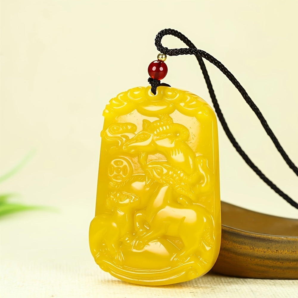 Yellow Jade Pendant with Three Sheep Charm - Unisex Amulet for Good Fortune and Harmony