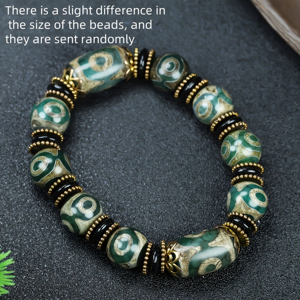 Tibetan Three-Eyed Dzi Agate Bracelet for Protection, Wealth, and Spiritual Clarity