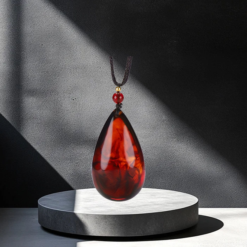 Natural Red Amber Bohemian Teardrop Necklace Pendant - Unisex Retro Jewelry for Women & Men, Valentine's Day & Birthday Gift, September Birthstone