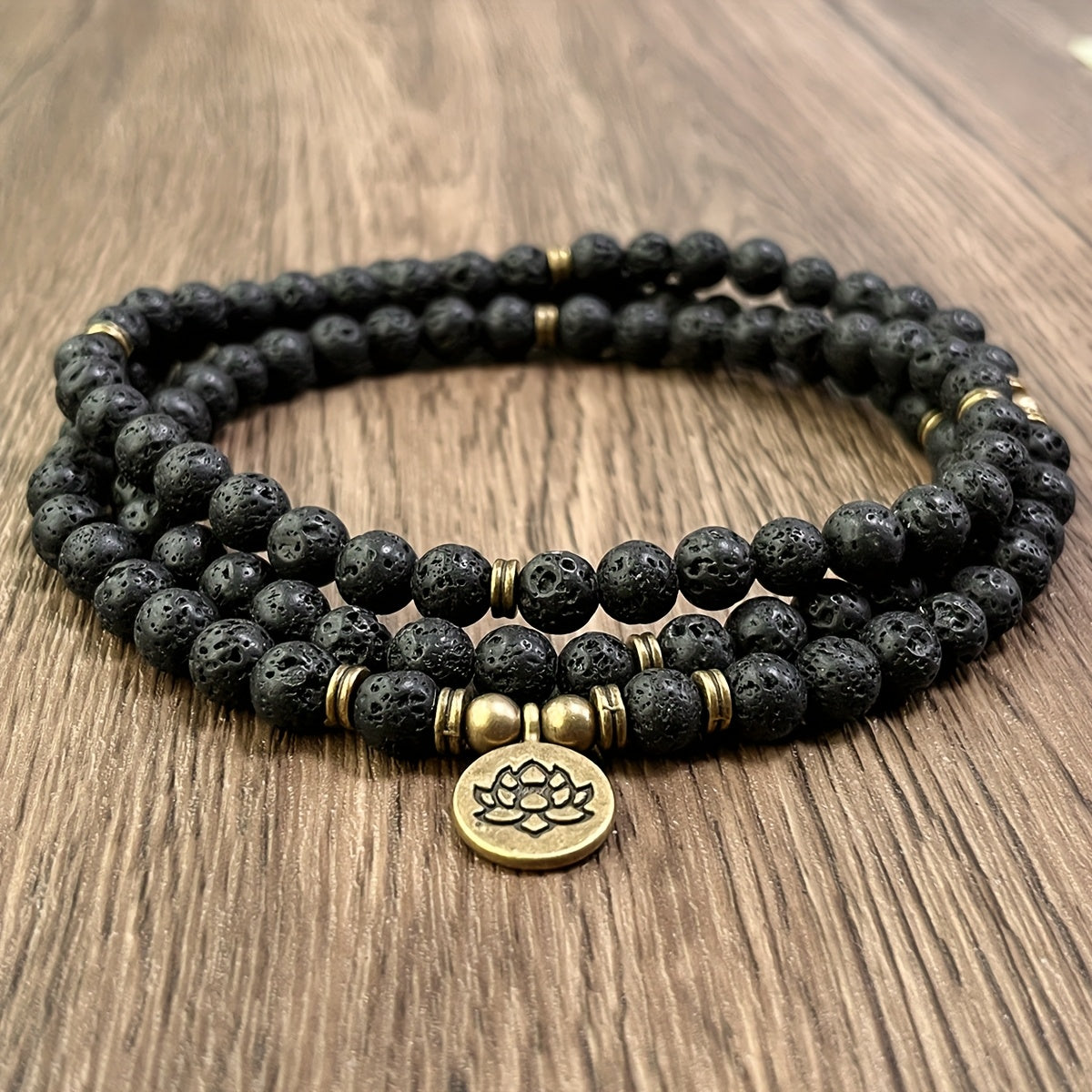 108 Beads Black Stone Mala Bracelet with Lotus Pendant - Energy Balancing & Protection for Daily Wear