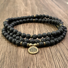 108 Beads Black Stone Mala Bracelet with Lotus Pendant - Energy Balancing & Protection for Daily Wear