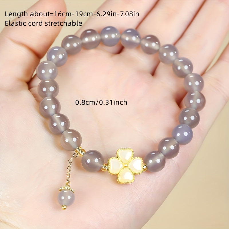 Grey Agate Four Leaf Clover Bracelet - Natural Energy for Daily Luck & Protection
