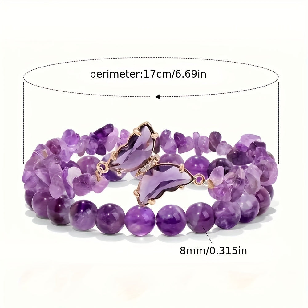 Natural Amethyst & Obsidian Butterfly Charm Bracelet - Spiritual Energy & Casual Elegance