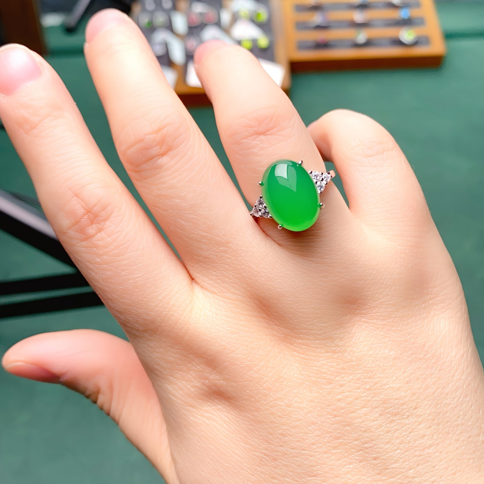 Green Stone Ring - Elegant Adjustable Jewelry for Women
