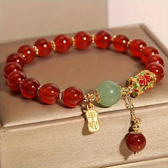 Red Agate & Green Jade Harmony Bracelet – Feng Shui Prosperity & Protection Talisman  - Vintage Bohemian Red Agate Bead Bracelet with Golden-Tone Charm & Green Accent Beads, Unisex Everyday Jewelry Gift for Boyfriend, Girlfriend, Best Friend