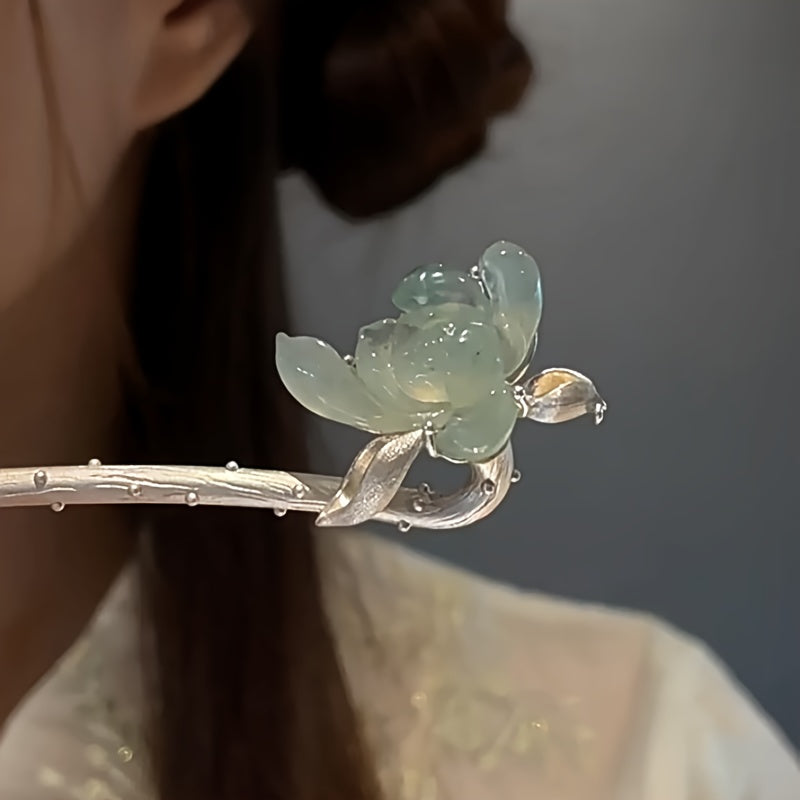 Chinese Lotus Hairpin with Silver Branch Design - Transparent Three-dimensional Ancient Cool Feel for Spiritual Harmony & Mindful Energy