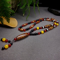 Tibetan Nine-Eye Agate Power Necklace – Red/Yellow/Black Dzi Talisman for Protection, Harmony & Prosperity