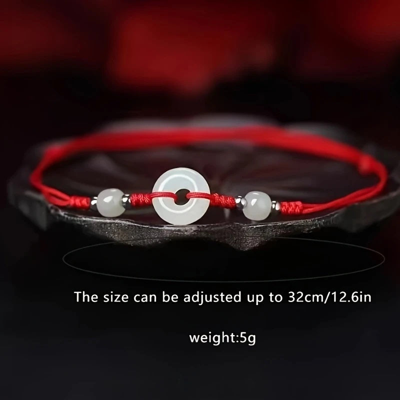 Hand-Woven Red Rope Ankle Chain with Imitation Jade Beads - Retro Resin Ankle Bracelet for Happiness & Good Luck, Casual Everyday Symbolic Accessory