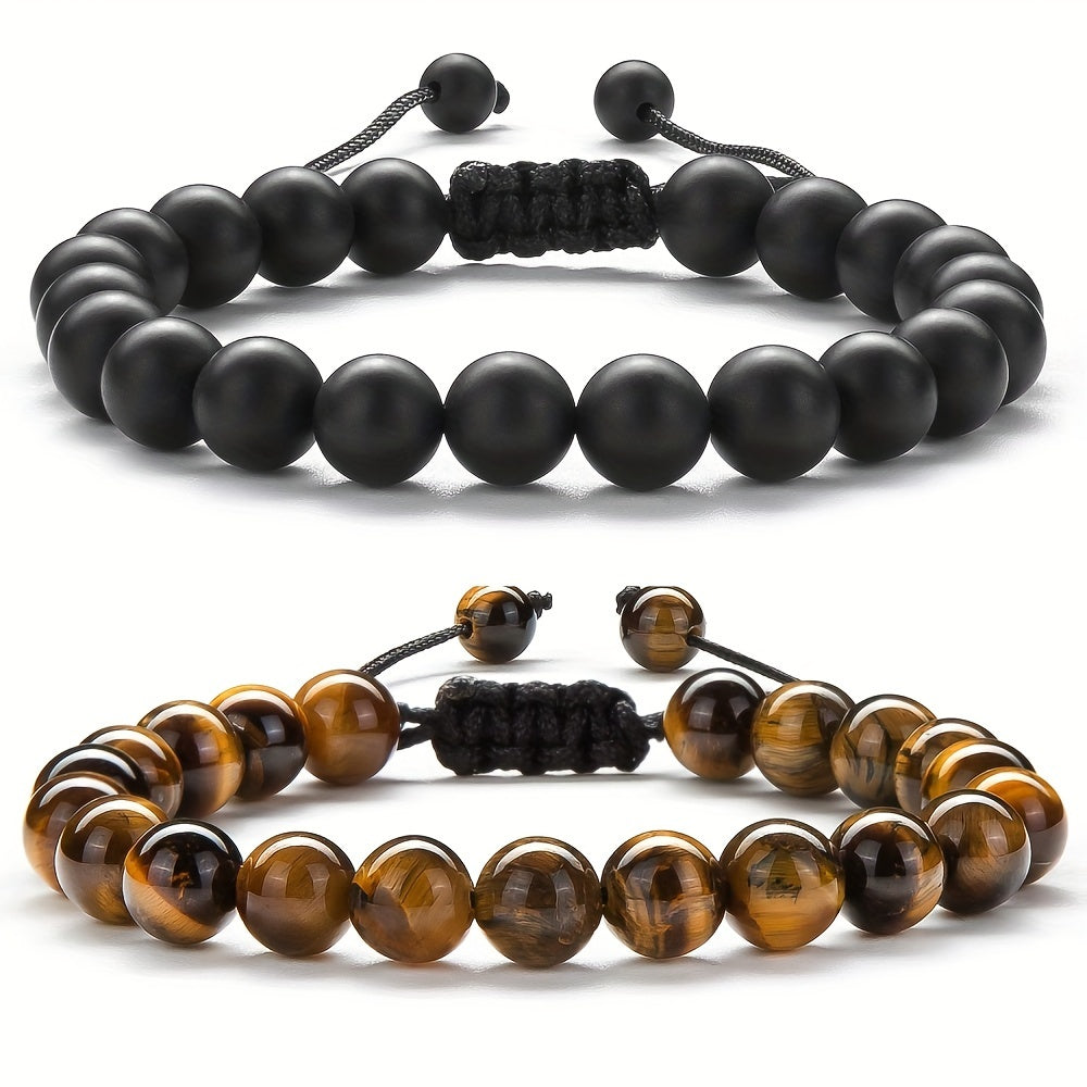 Tiger Eye Stone Bracelets for Grounding Energy - Handcrafted Adjustable Matte Black Beads