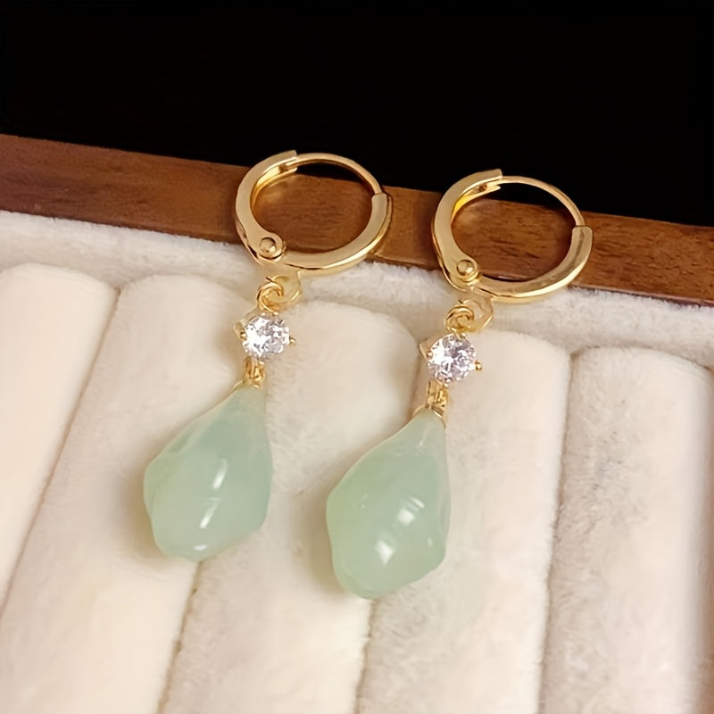Vintage Jade Drop Earrings - Elegant Green Artificial Jade with Golden Hoop for Casual Wear & Gifting - Harmony & Prosperity Energy