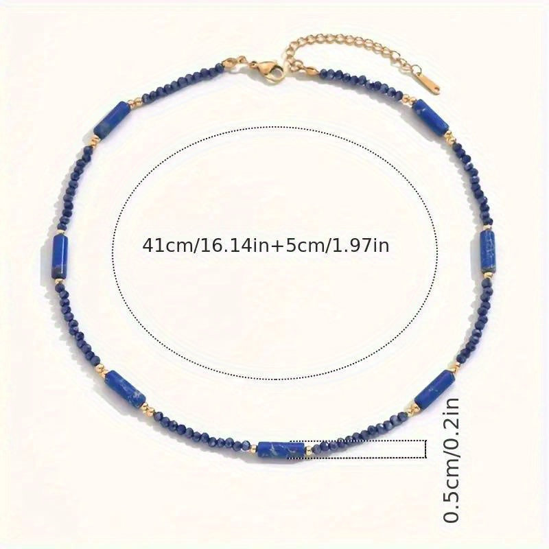 New Retro Luxury Bohemian Beach Resort Necklace - Smooth Blue Cylindrical Stone Beads with Metal Tail Chain for Mother's Day Gift