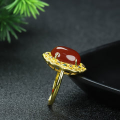 Vintage Palace Style Red Agate Adjustable Ring - Wealth, Flower Symbol & Valentine's Day Gift Jewelry