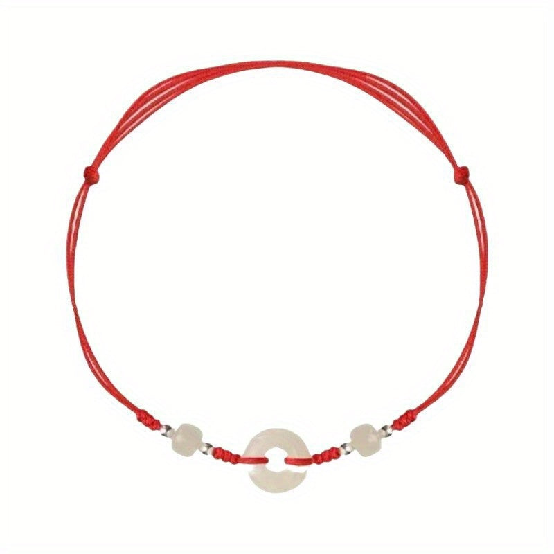 Hand-Woven Red Rope Ankle Chain with Imitation Jade Beads - Retro Resin Ankle Bracelet for Happiness & Good Luck, Casual Everyday Symbolic Accessory