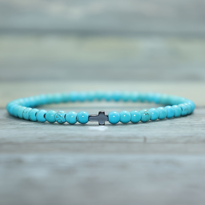 Men's Handmade Blue Stone & Black Cross Bracelet - Spiritual Protection & Stylish Daily Wear