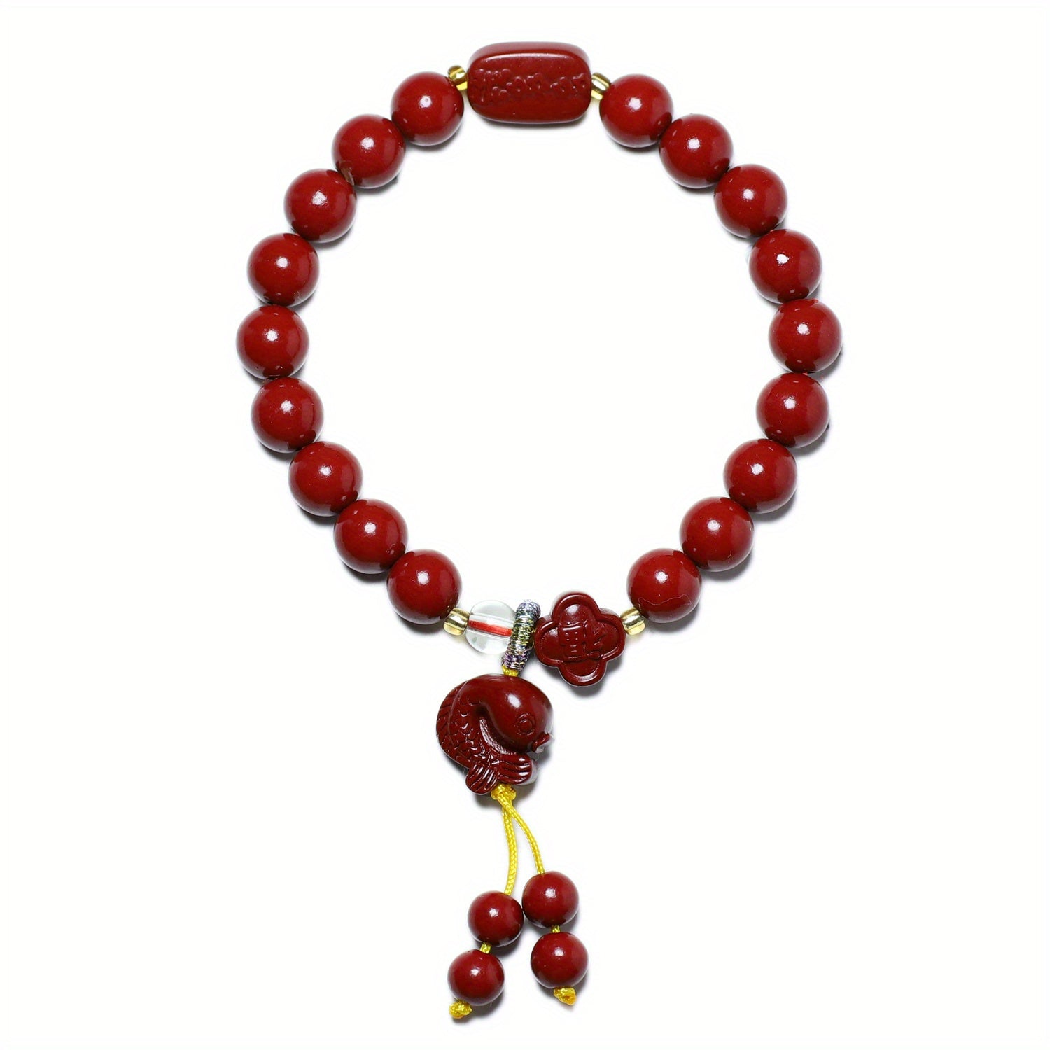 Cinnabar Stone Lucky Charm Bracelet with Fish Pendant - Rustic French-Inspired Design for Daily Wear & Festivals, Ideal Valentine'S Day Gift