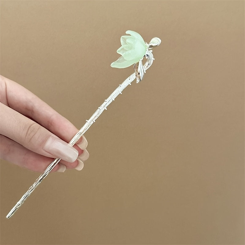 Chinese Lotus Hairpin with Silver Branch Design - Transparent Three-dimensional Ancient Cool Feel for Spiritual Harmony & Mindful Energy
