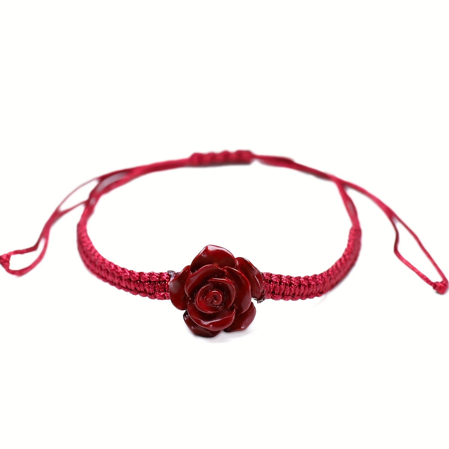 Red Rose Braided Bracelet - Vintage Floral Charm for Prosperity & Emotional Balance