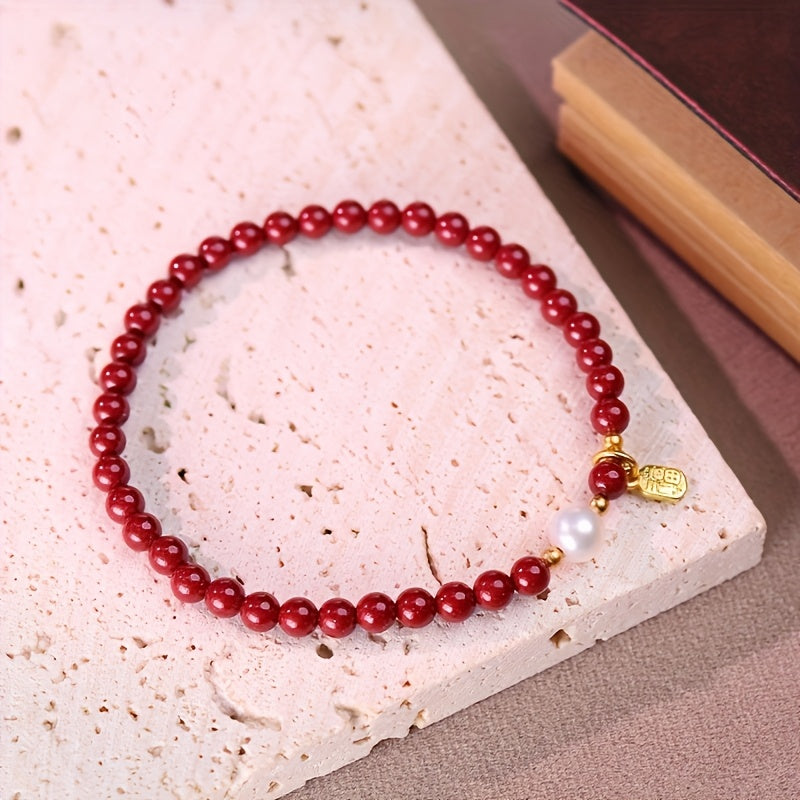 1pc Women's Elegant Chinese Red Bead Bracelet - Traditional Red Agate & Pearl Design for Luck & Protection
