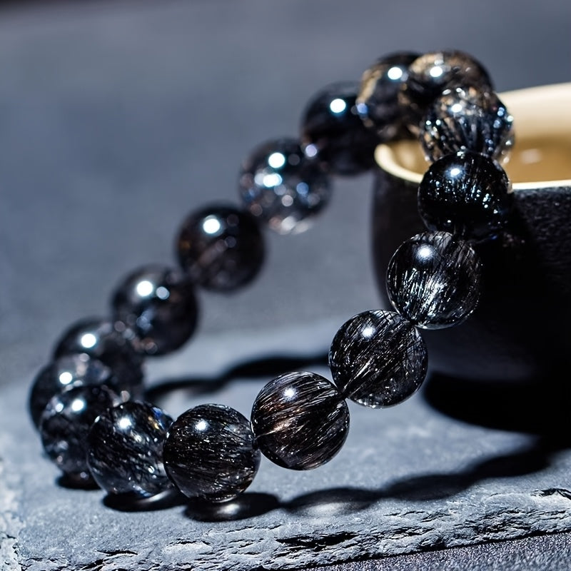 8/10/12mm Natural Black Hair Quartz Bracelet for Energy Protection & Grounding