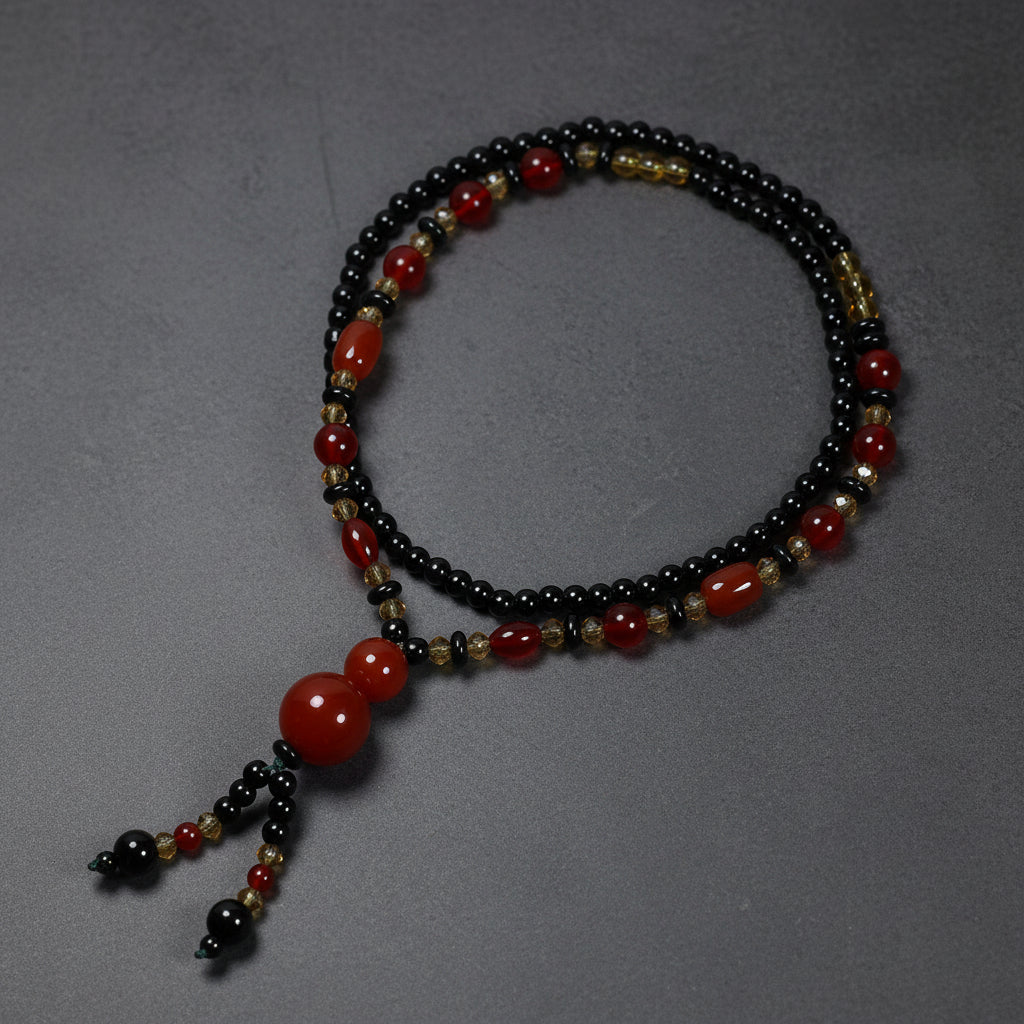Bohemian Agate Necklace with Red Black Beads Golden Accents Red Spherical Pendant