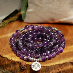 108 Bead Amethyst Mara Bracelet – Bohemian Style Purple Stone with Lotus Charm for Spiritual Balance