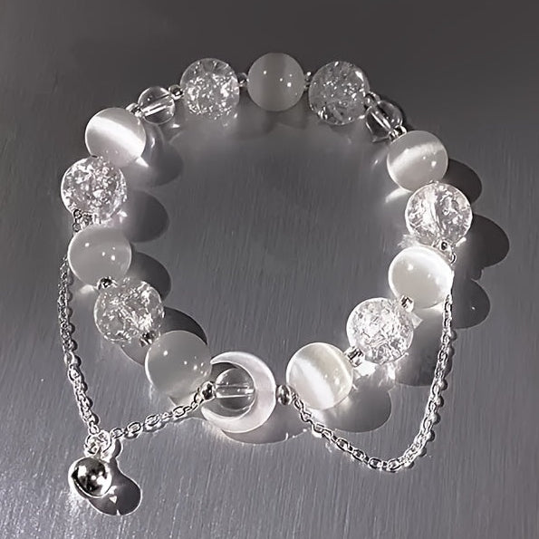 1pc Moon Bell Pendant Bracelet - Bohemian Style with White Glass Beads & Silver Chain for Spiritual Energy & Mindful Living