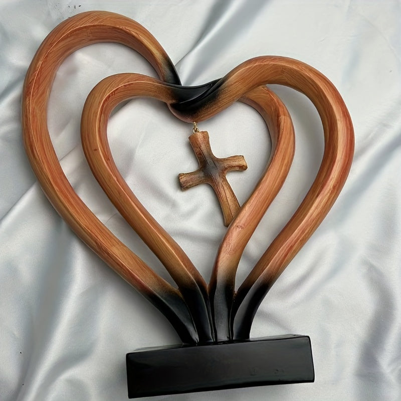 Entwined Hearts Cross Sculpture - Love and Faith Energy with Modern Minimalist Religious Decor