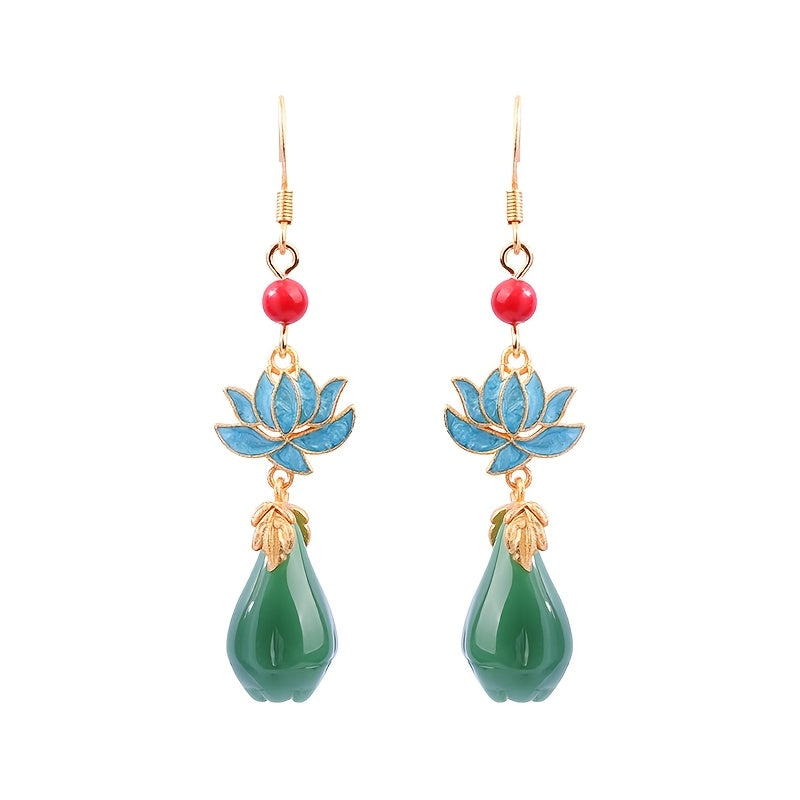 Vintage Tribal Blue Lotus Earrings - 24K Gold Plated Copper with Red Bead & Green Teardrop for Spiritual Harmony & Elegant Wear