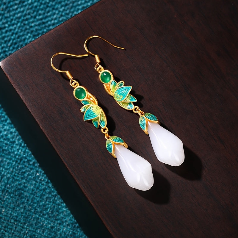 Vintage Inspired Teardrop Earrings with Synthetic White Jade Turquoise Accents Daily Wear Vacation Energy Enhancing July Birthstone Jewelry