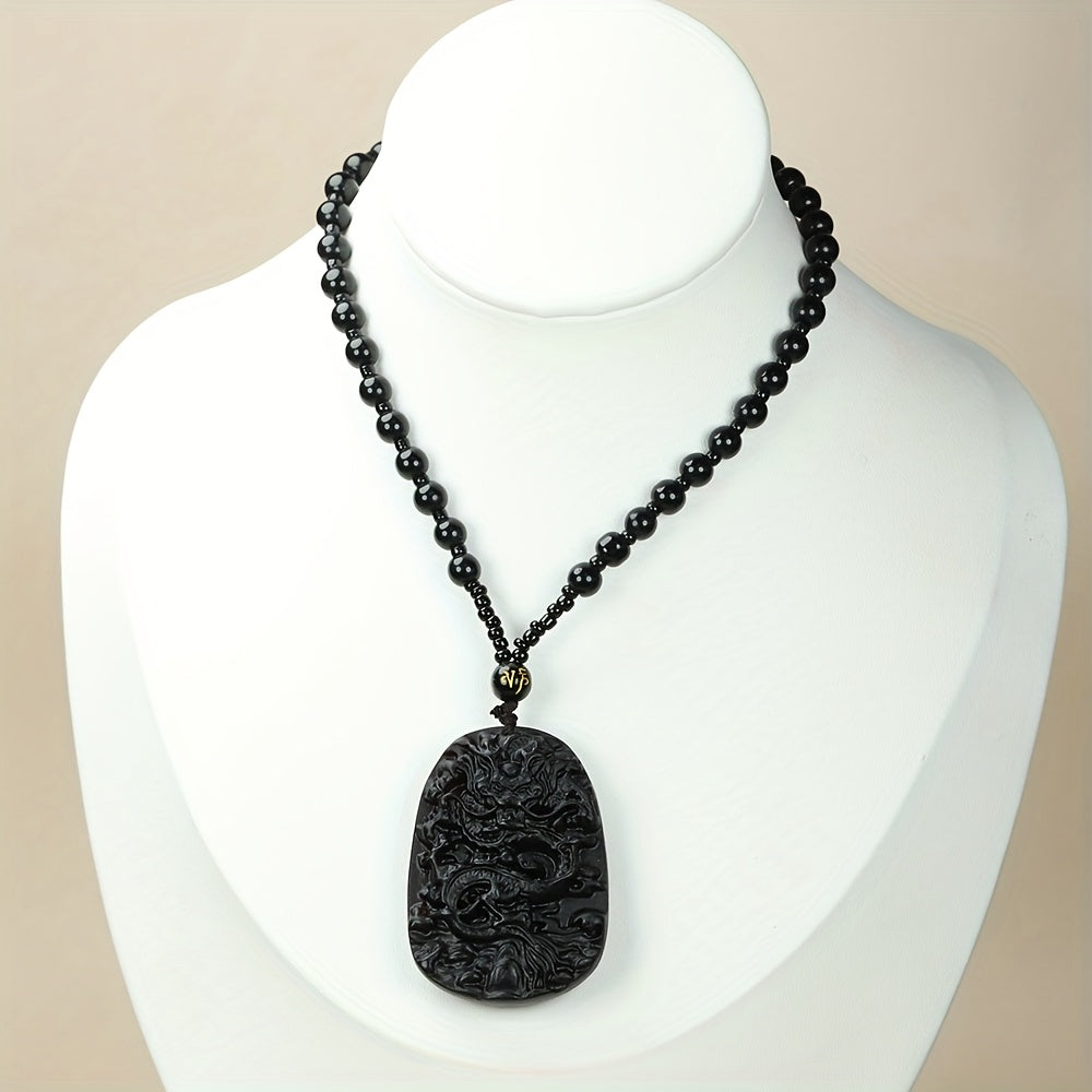 Vintage Dragon Pendant Necklace for Men - Black Resin Chameleon Amulet with Purple Light Effect