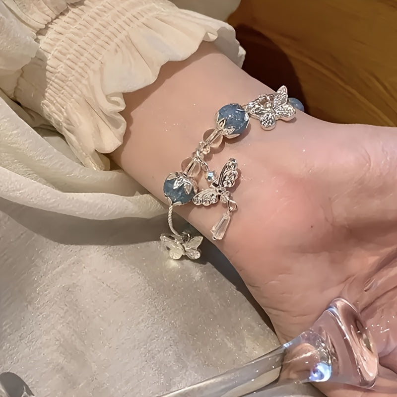 1pc Elegant Bohemian Bracelet - Pastel Blue Beads & Butterfly Charm for Harmony & Serenity
