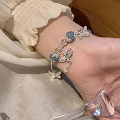 1pc Elegant Bohemian Bracelet - Pastel Blue Beads & Butterfly Charm for Harmony & Serenity