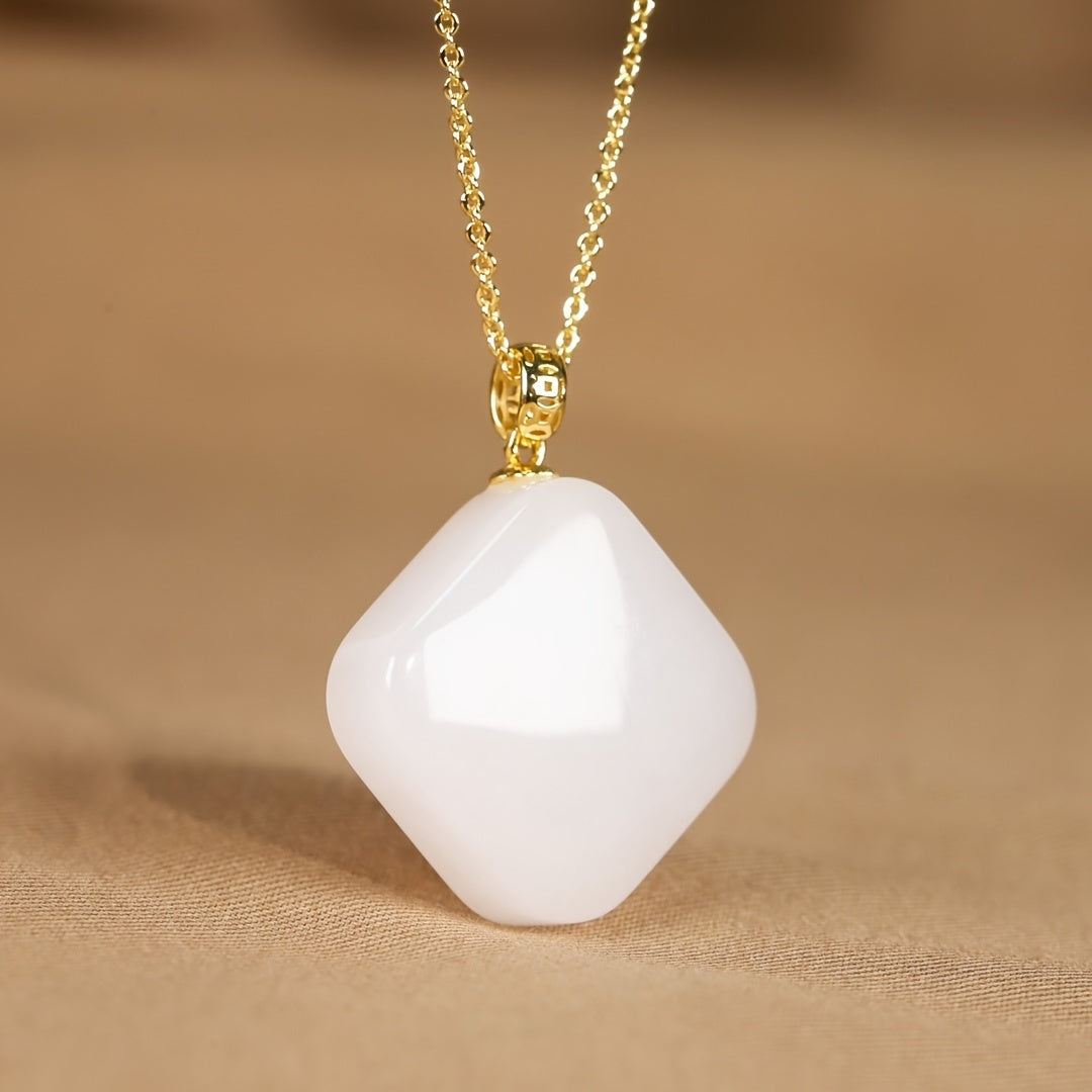 Natural Stone Square Pendant Necklace with Golden Chain for Grounding Energy and Minimalist Style